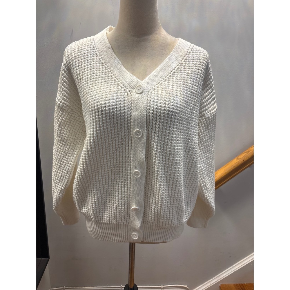 Qualfort Waffle Knit Cardigan Womens Size US L White Excellent V-Neck Button Up